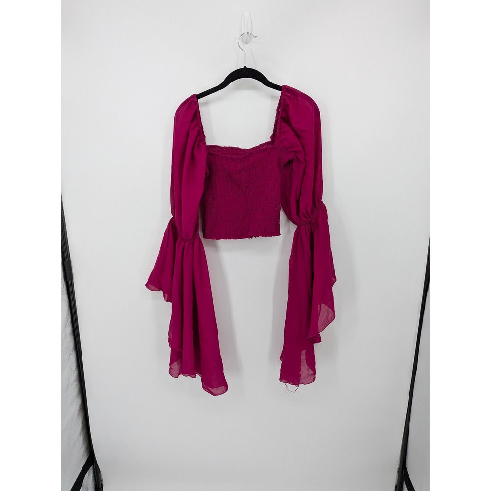 Fairycore Crop Top Womens Large Magenta Pink Smocked Bell Sleeve Statement Flowy - Picture 7 of 10